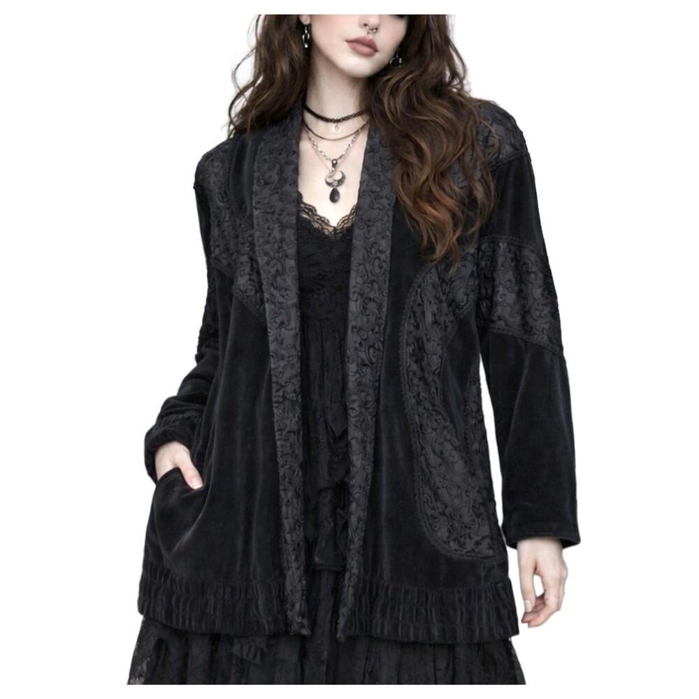 Vintage Jacket Women Black Velour Embroidered Soutache Open Dolman Boho Goth OS